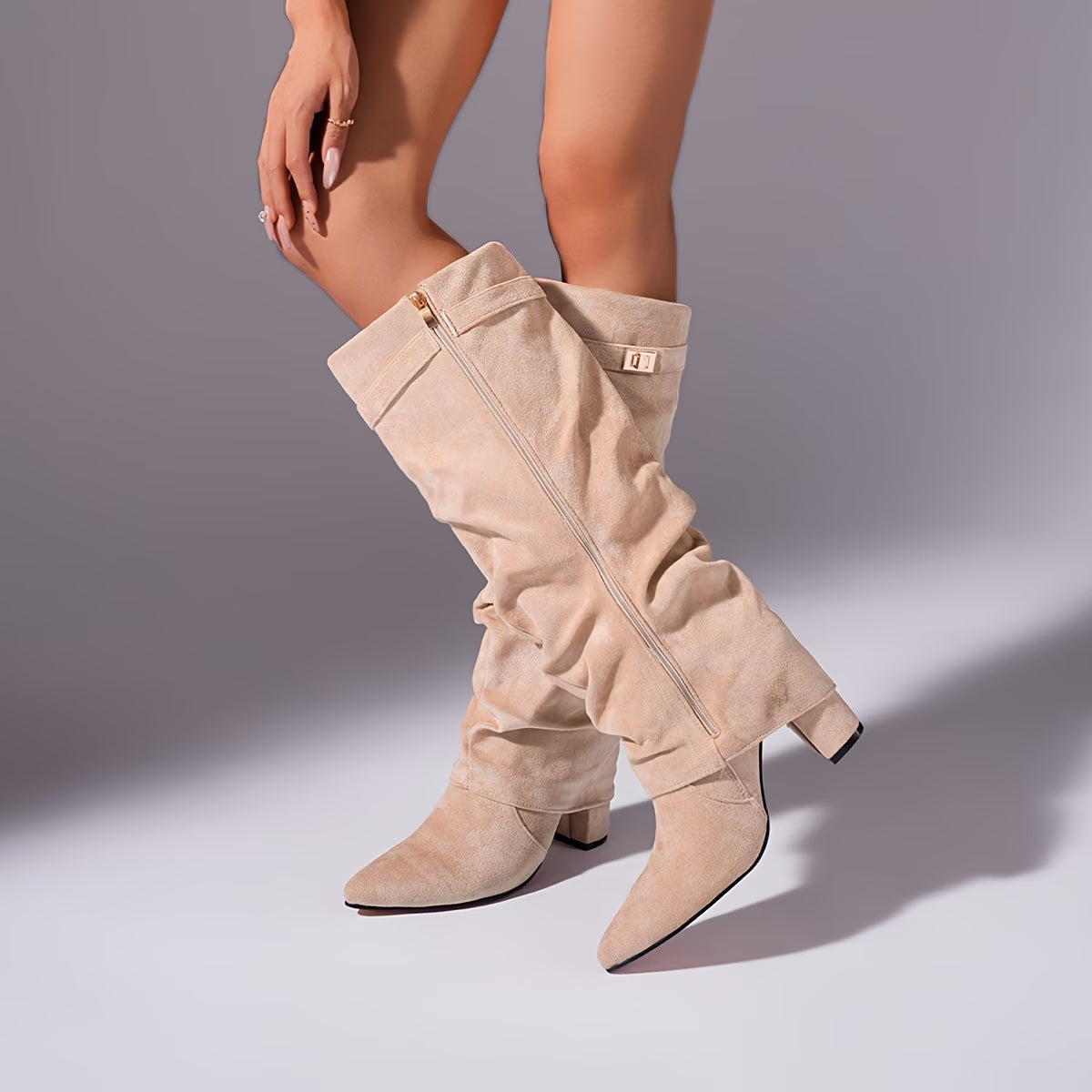 Cizme Dama Bej Bej-Suedette cu Drapaj Drapate Stil Slouchy