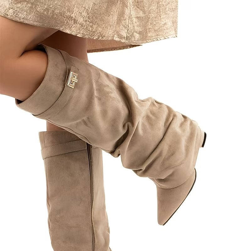 Cizme Dama Bej Bej-Suedette cu Drapaj Drapate Stil Slouchy