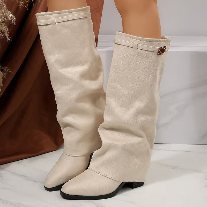 Cizme Elegante Fold-Over cu Manșetă - Bej