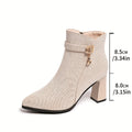 Botine Elegante cu Toc Gros și Detaliu Auriu - Crem